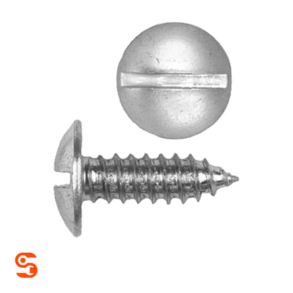 Bright zinc slotted truss head license plate screw with threaded shaft, shown with side and top view