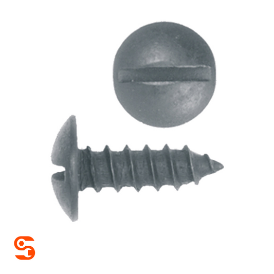 Black slotted truss head license plate screw with threaded shaft, shown with side and top view