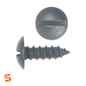 Black slotted truss head license plate screw with threaded shaft, shown with side and top view