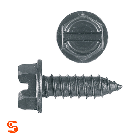Black round-head bumper bolt with threaded shaft and slotted cap, shown with side and top view