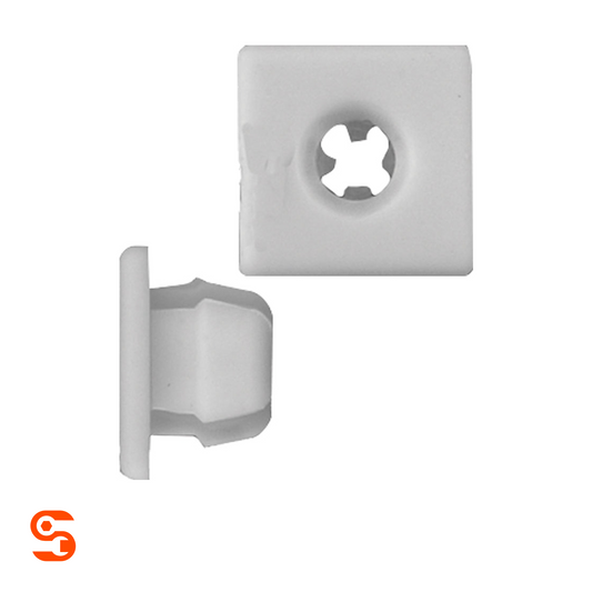 White nylon license plate nut with square face shown with side and top view profile, for 1/4 inch or #14 screws