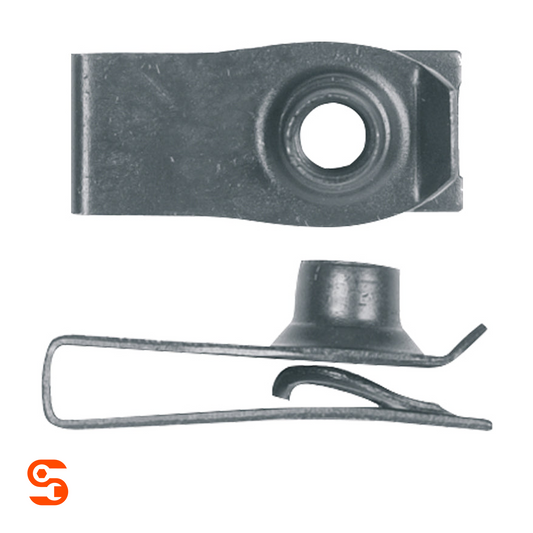 Black extruded U nut clip with round threaded hole, shown from top and side views