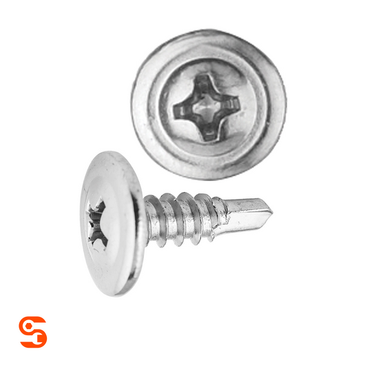 Chrome Phillips oval top washer head trim screw, silver metal, shown with side and top view