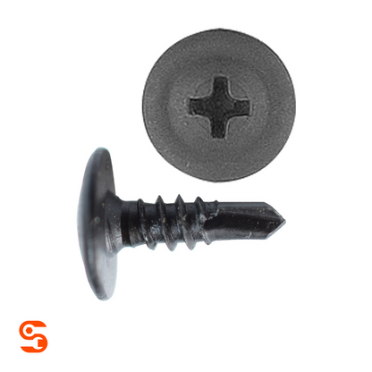 Black Phillips oval washer head trim screw with pointed tip, shown with side and top view