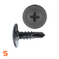 Black Phillips oval washer head trim screw with pointed tip, shown with side and top view