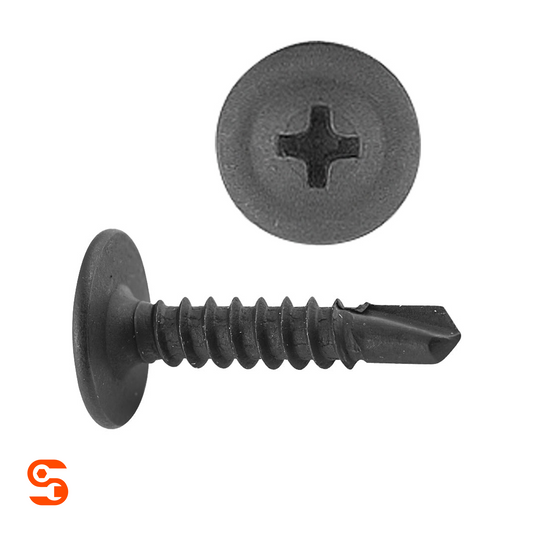Black Phillips oval washer head trim screw with threaded shaft and drill point, shown with side and top view
