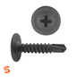 Black Phillips oval washer head trim screw with threaded shaft and drill point, shown with side and top view
