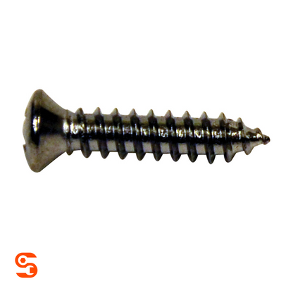 Chrome sheet metal screw with oval undersized head and pointed threaded shaft on white background
