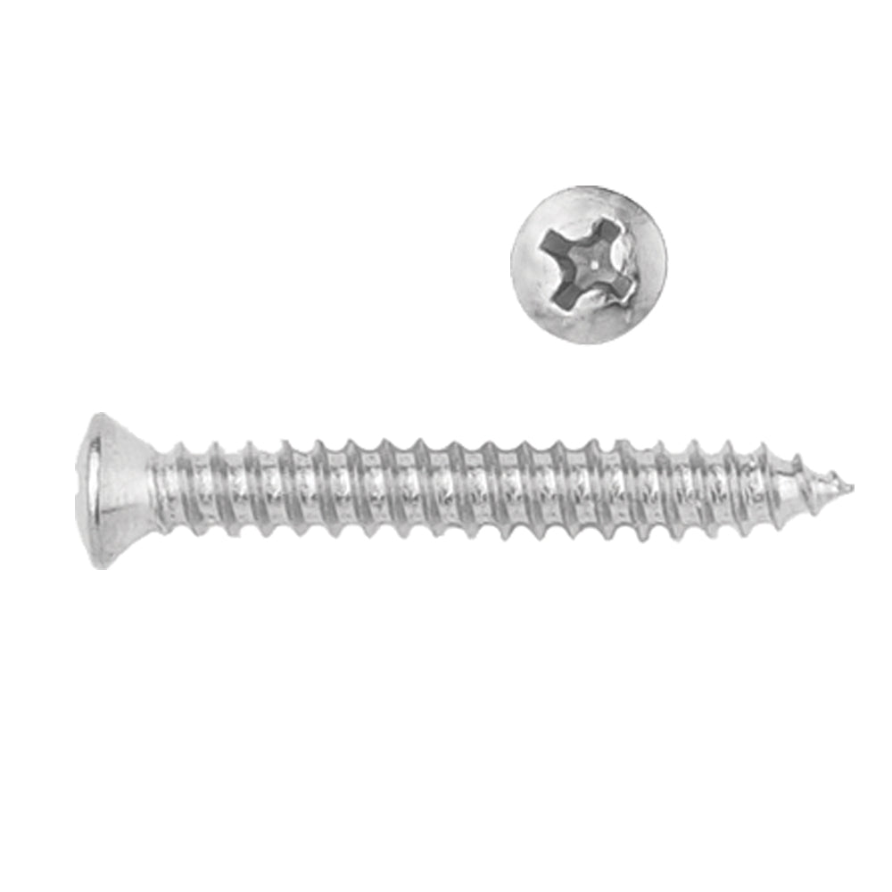 Sheet Metal Trim Screw Phillips Oval 
Undersized Head Color: Chrome Head Diam: #6 Screw Size: 8 x 3/4”