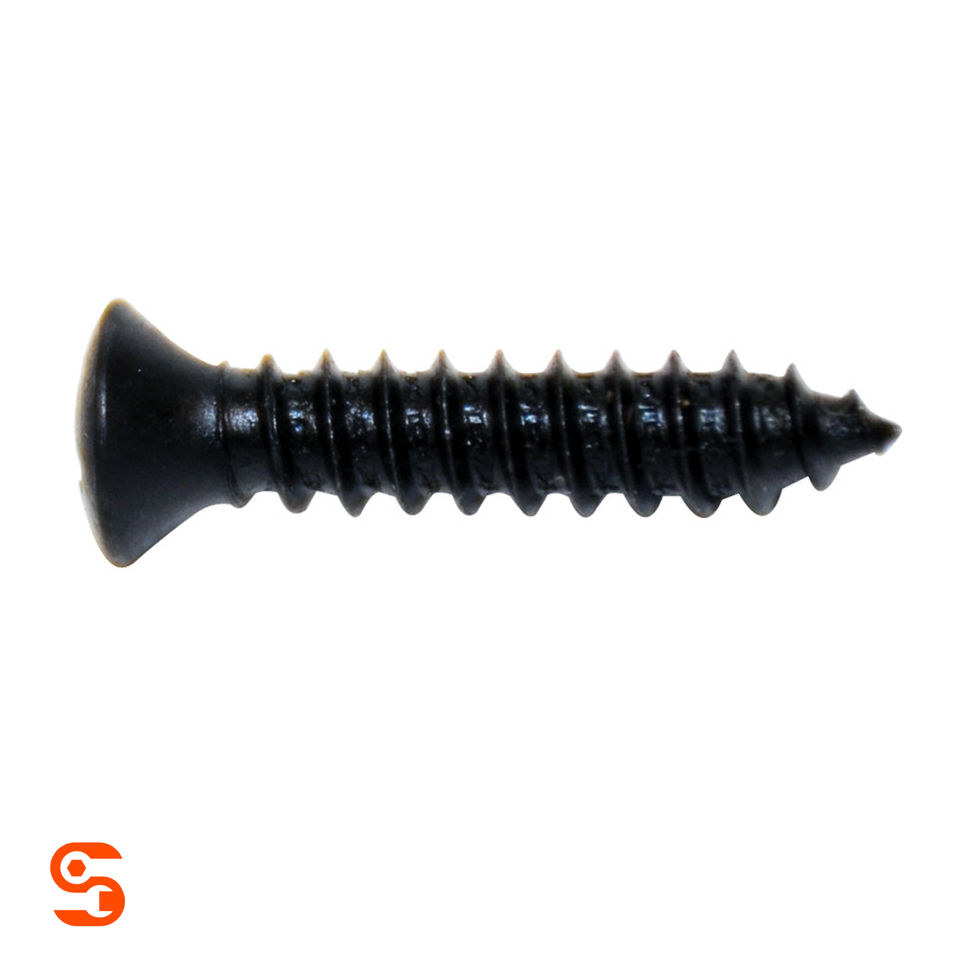 Black sheet metal screw with oval undersized head, Phillips drive, coarse threads, and pointed tip