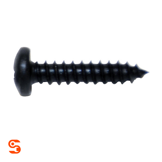 Black Phillips pan head sheet metal screw with pointed tip and coarse threads on a white background
