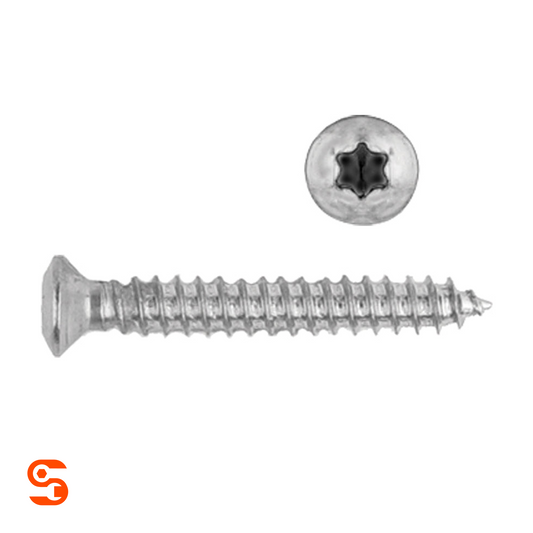 Chrome Torx oval head trim screw with threaded shaft, single 30mm screw, shown with side and top view