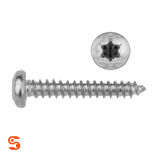 Chrome Torx pan head trim screw with threaded shaft, shown with side and top view
