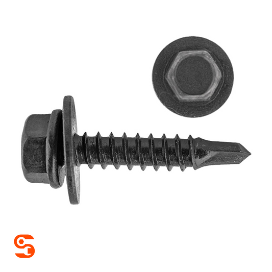 Black hex head trim screw with loose washer, pointed tip, shown with side and top view