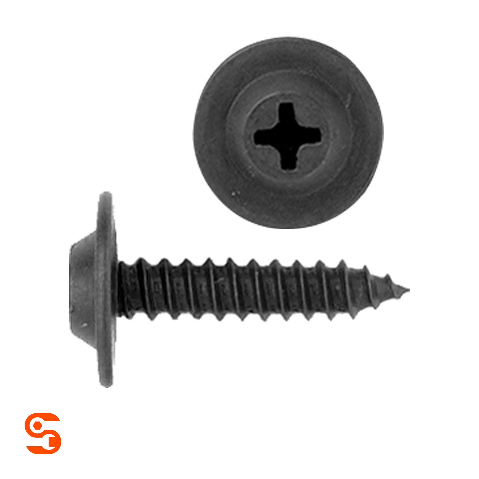 Black Phillips washer head trim screw with flat top, coarse threads, and pointed tip