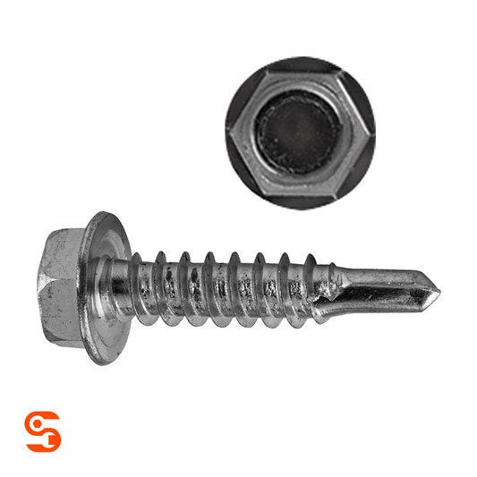 Bright zinc hex head trim screw with washer flange, drill point, coarse threads, shown with side and top view