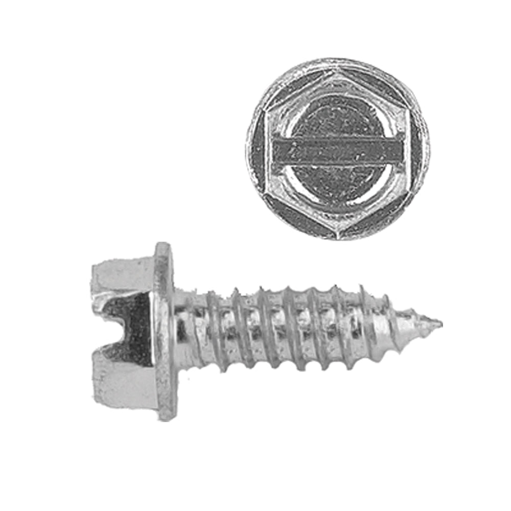 Bright Zinc License Plate Screw Slotted Indented 
Hex Head Head Diam: 3/8” Screw Size: 1/4” (#14) x 3/4”