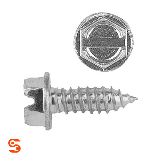 Bright zinc license plate screw with slotted indented hex head and attached washer, shown with side and top view