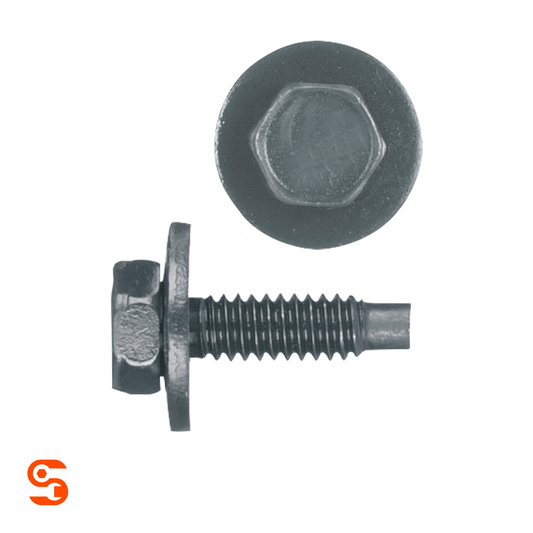 Black hex head dog point bolt with loose washer, shown with side and top view