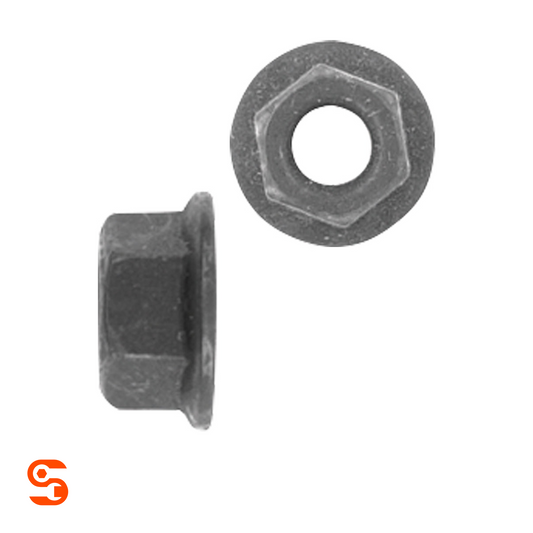Black metric flange hex nut with integrated washer, shown with side and top view