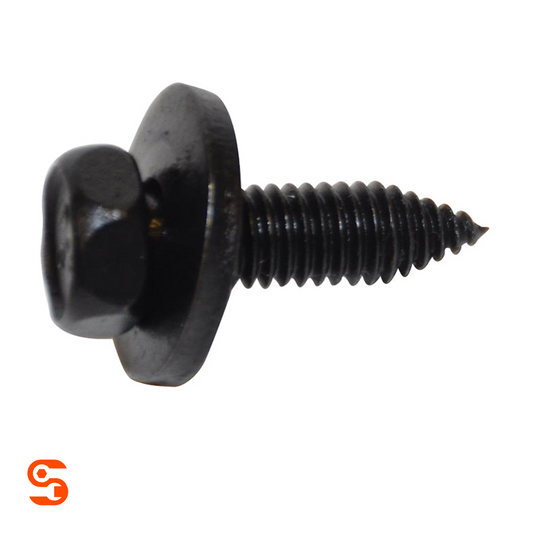 Black metric hex head body bolt with loose washer and pointed threaded shaft
