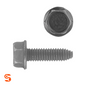 Black metric flange hex head bolt with threaded shaft and pointed tip, shown with side and top view