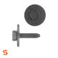 Black metric hex head body bolt with loose washer, shown with side and top view on white background
