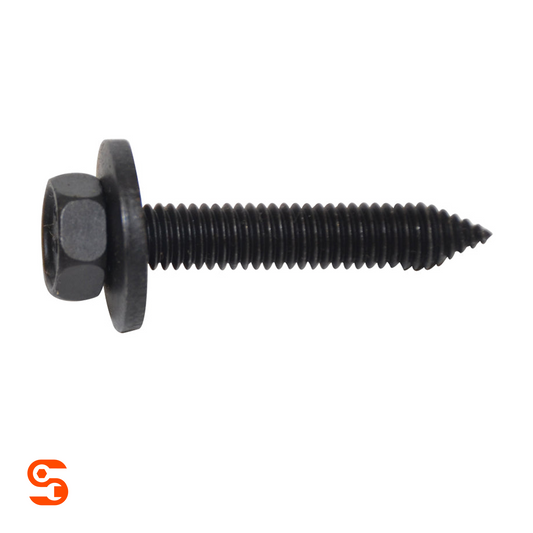 Black metric hex head body bolt with loose washer and pointed threaded shaft