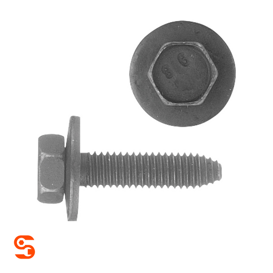 Black metric hex head body bolt with loose washer, shown with side and top view on white background
