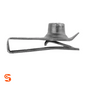 Black extruded U nut clip with threaded barrel and folded metal spring arms on white background