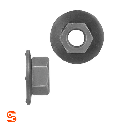 Black metric hex nut with attached loose washer shown with side and top view on white background