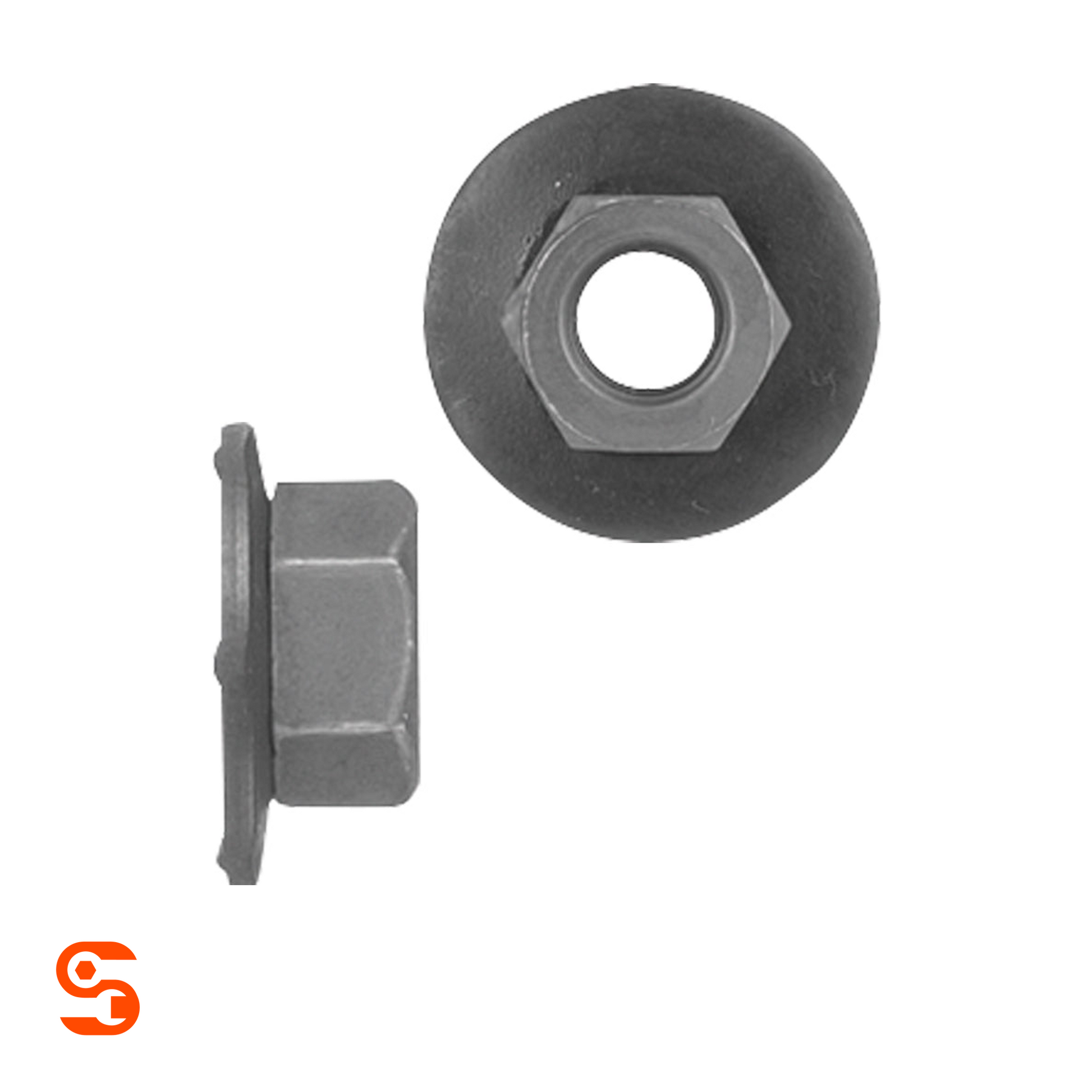Black metric hex nut with attached loose washer shown with side and top view on white background