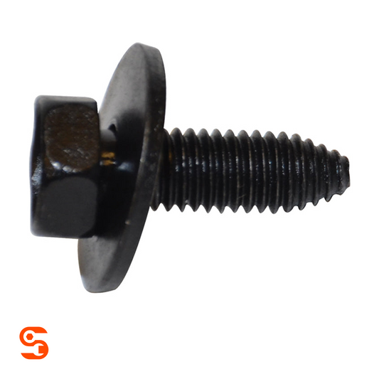 Black metric indented hex head body bolt with threaded shank and loose washer on white background