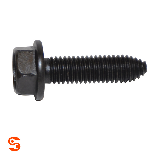 Black metric flange hex head bolt with threaded shaft and indented head, single piece