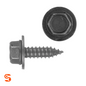 Black hex head sheet metal screw with attached washer, shown with side and top view on white background