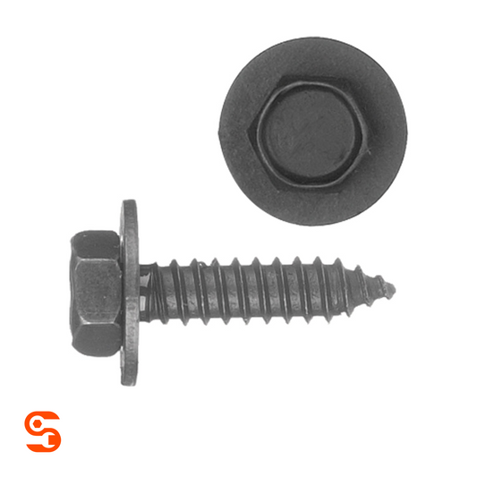 Black indented hex head sheet metal screw with loose washer, shown with side and top view