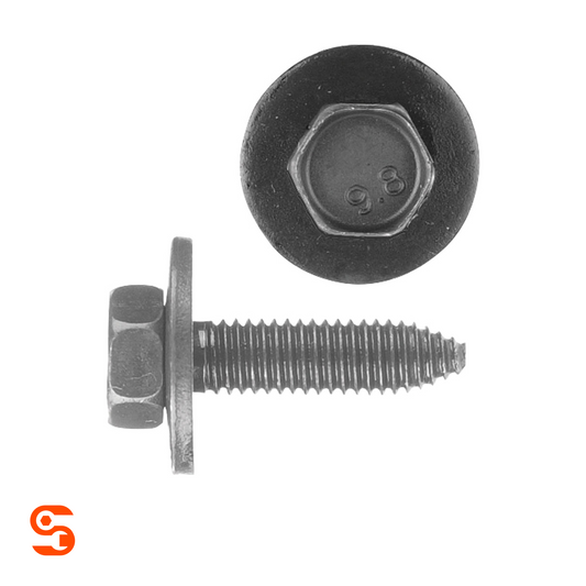 Black metric indented hex head body bolt with loose washer, threaded shaft, and 9.8 head marking, shown with side and top view