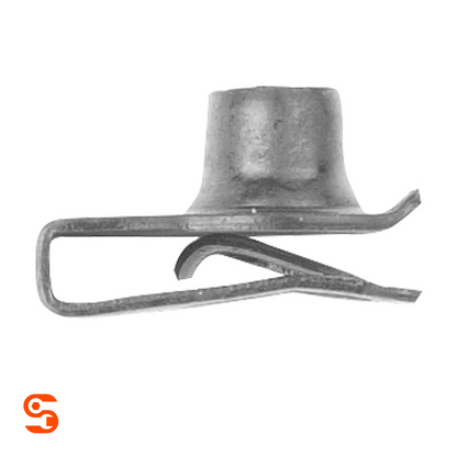 Black metal extruded U nut clip with raised threaded barrel and folded spring arms