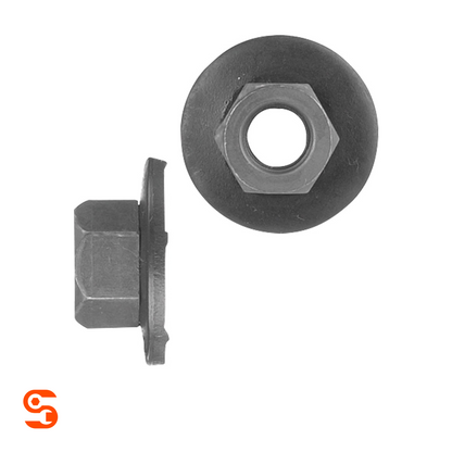Black metric hex nut with loose round washer, shown with side and top view