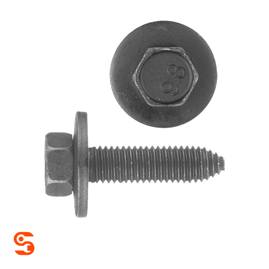 Black metric hex head body bolt with loose washer, threaded shaft, shown with side and top view showing head markings