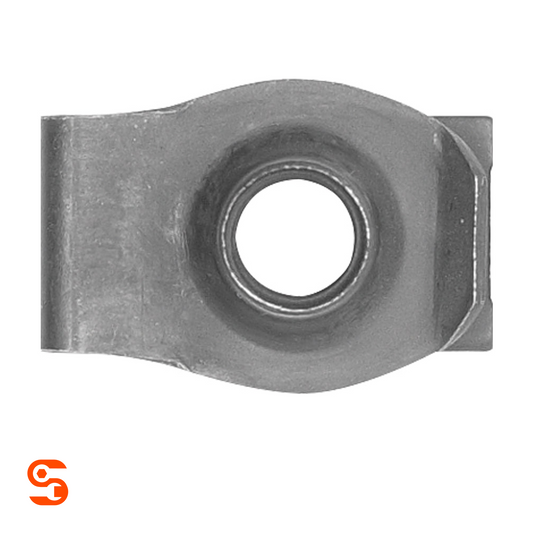 Black metal extruded U nut clip with centered threaded hole, single piece