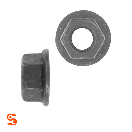 Black metric flange hex nut shown with side and top view with round flange washer base and threaded center