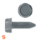 Black metric hex flange bolt with threaded CA point and indented head, shown side and top view
