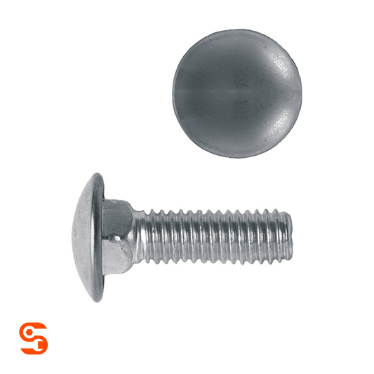 Stainless steel round head bumper bolt with threaded shaft and capped head, shown with side and top view