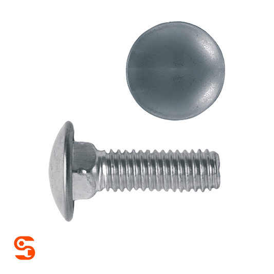 Metric stainless steel capped pan head bumper bolt with threaded shaft shown with side and top view