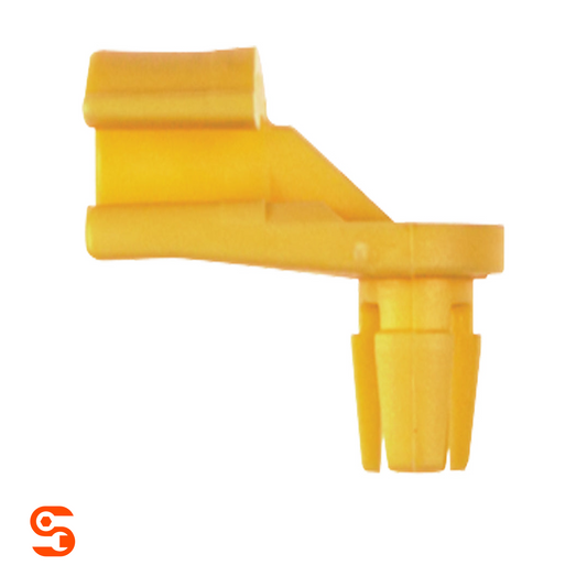 Yellow nylon left-side door lock prop clip with angled arm and cylindrical rod mount