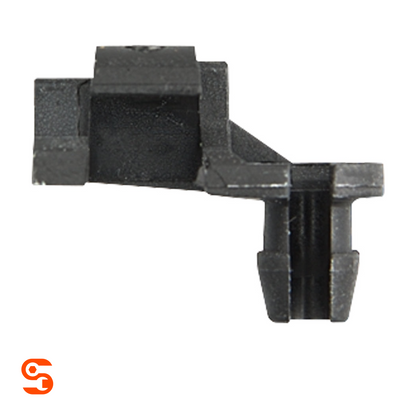 Black nylon left-side hood prop clip with angled bracket and snap-in fastener end
