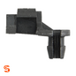 Black nylon left-side hood prop clip with angled bracket and snap-in fastener end