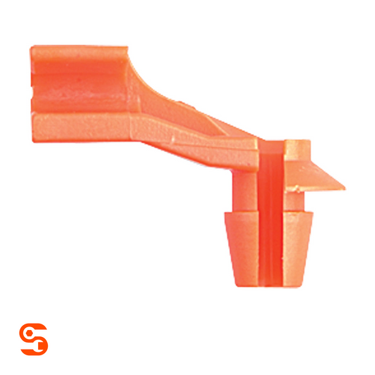 Orange nylon left-side door lock prop clip with angled arm and push-in fastener end