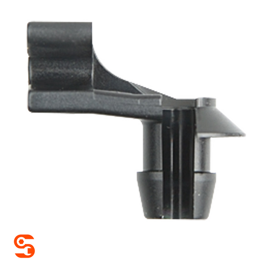 Black nylon left-side door lock prop clip with ribbed mounting post and angled arm
